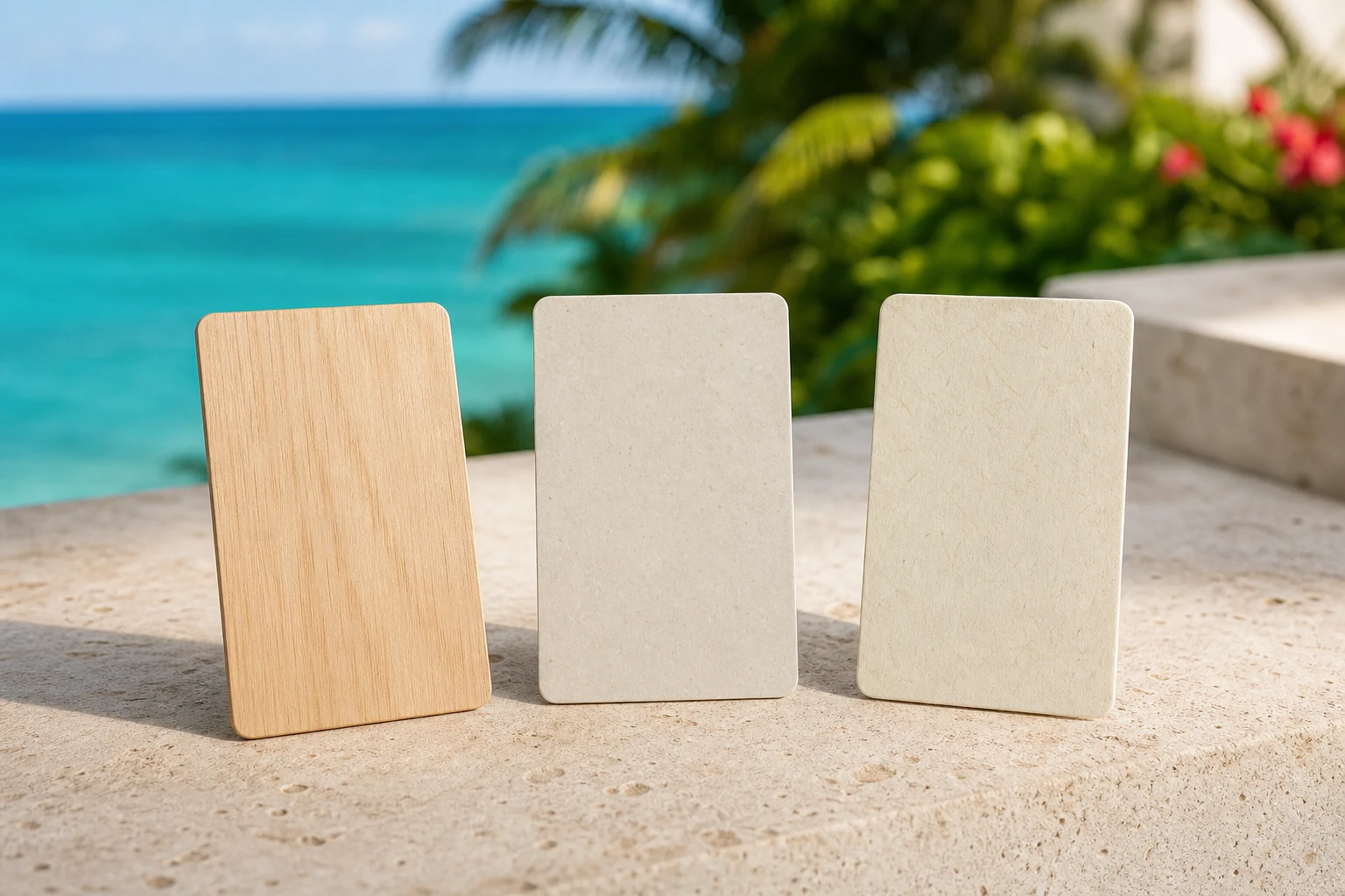 Illustrative unbranded wood, recycled-content and plant-based hotel key card material study